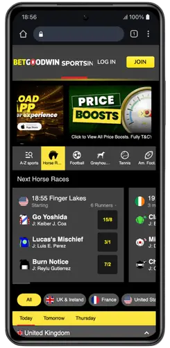BetGoodwin Android app homepage with horse races