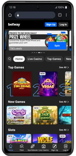 Betway Android app homepage with top games