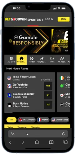 BetGoodwin iOS app homepage with horse races