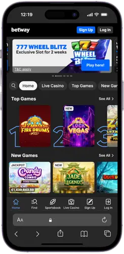 Betway iOS app homepage with top games